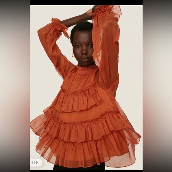 Adam Lippes Orange Cuffed Sleeve Blouse with Mandarin Collar, US0 - Picture 4 of 16